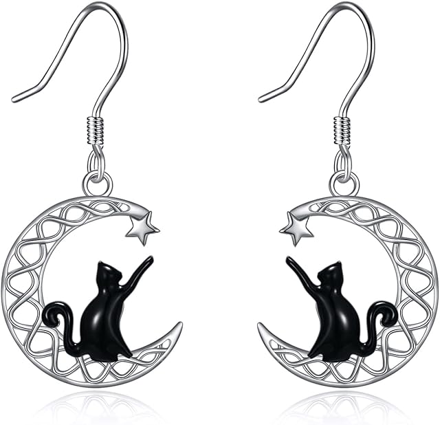 POPLYKE Black Cat Earrings Sterling Silver Moon/Moonstone Irish Jewelry Gifts for Women