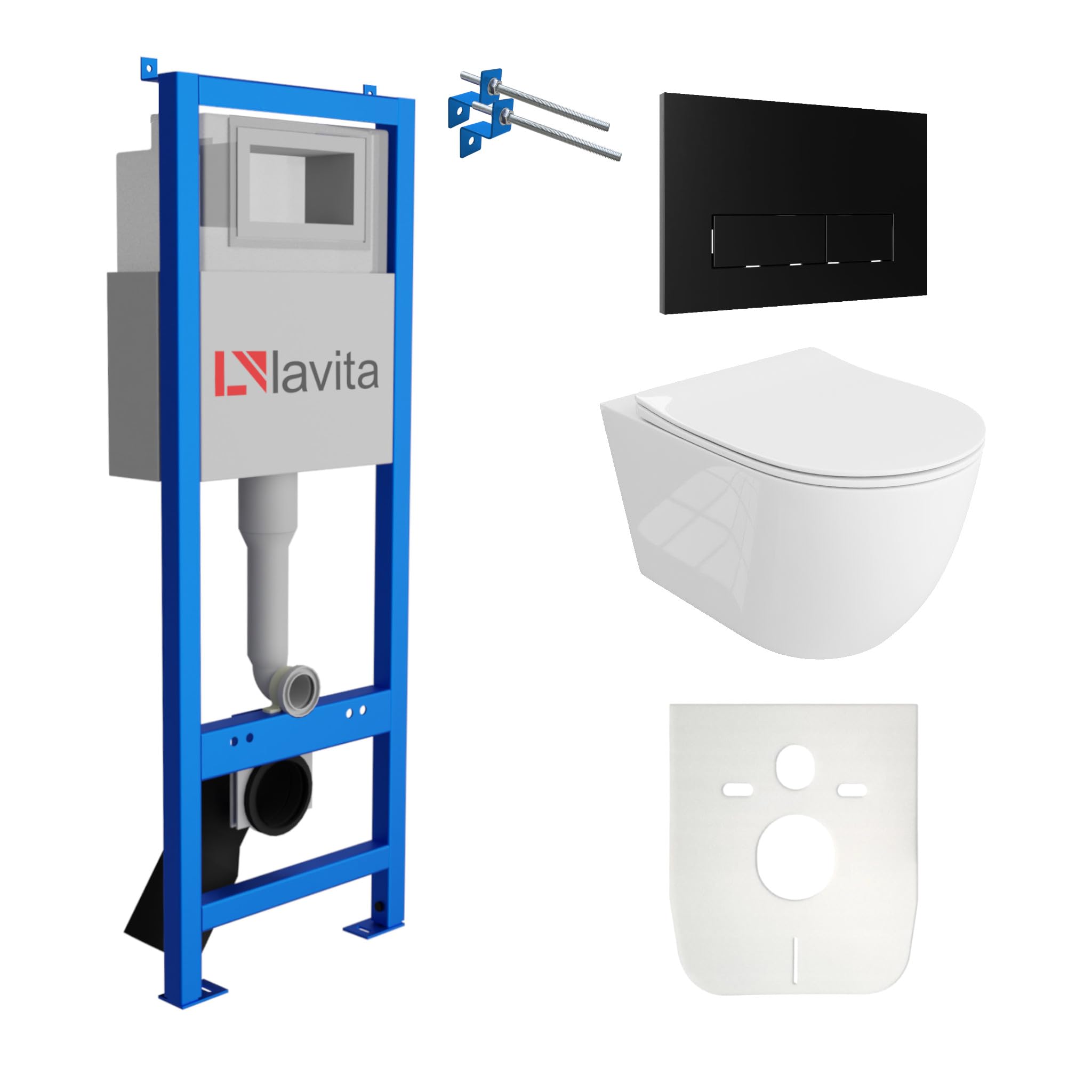 lavita Lavita LAV 101 elemento de pared para inodoro 40 cm + inodoro suspendido suspendido SINTO GRANDE blanco sin borde + panel de control LAV 200.3.4 negro | Conjunto completo | Cisterna empotrada