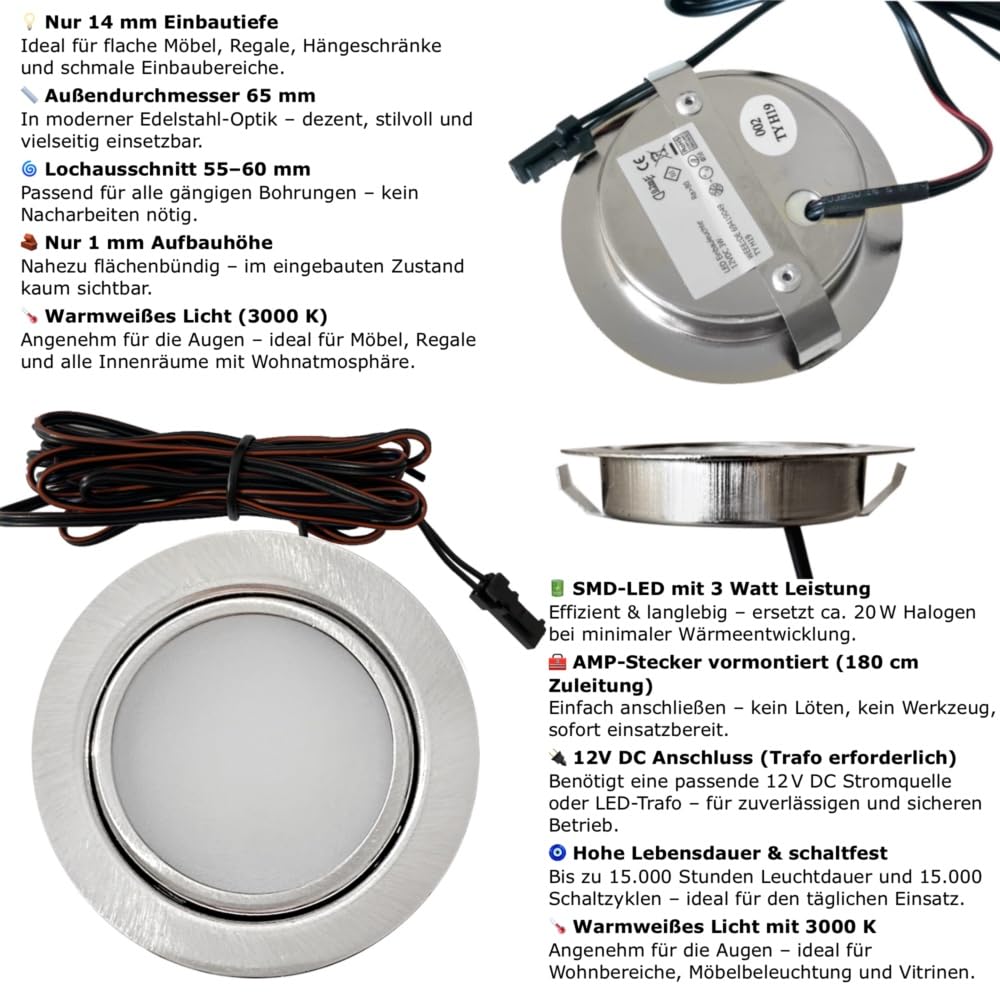 6er Set LED Möbel Einbauleuchten Edelstahl Gebürstet superflach 3W warmweiß 3000K 180lm 12V mit 15W LED Trafo 230V Zuleitung. LED Spots für das Wohnzimmer, Küche oder Bad.
