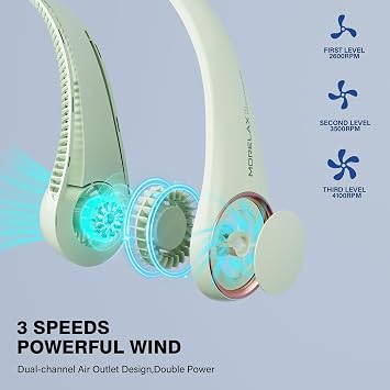 Morelax Neck Fan, Portable Neck Fan,Hands Free Bladeless Mini Fan with 360°Cooling Airflow, 3 Speeds Adjustable,Ultra Quiet Wearable, Suitable for Indoor Outdoor Travel Sports (Green)