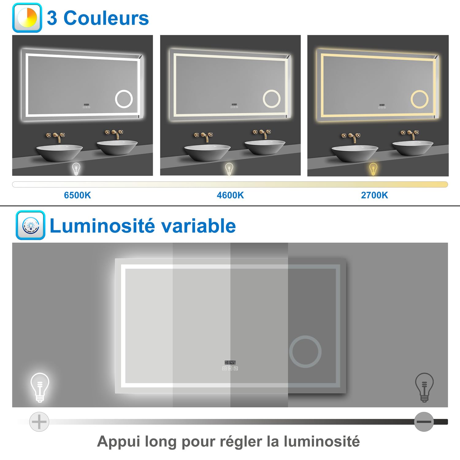 AICA Miroir Salle de Bain 120 x 70cm,Miroir Lumineux LED 3 Couleurs | Bluetooth + Dimmable + Grossissant + Horloge + Anti-buée + Mémoire,Miroir Mural avec Éclairage Interrupteur Tactile Étanche