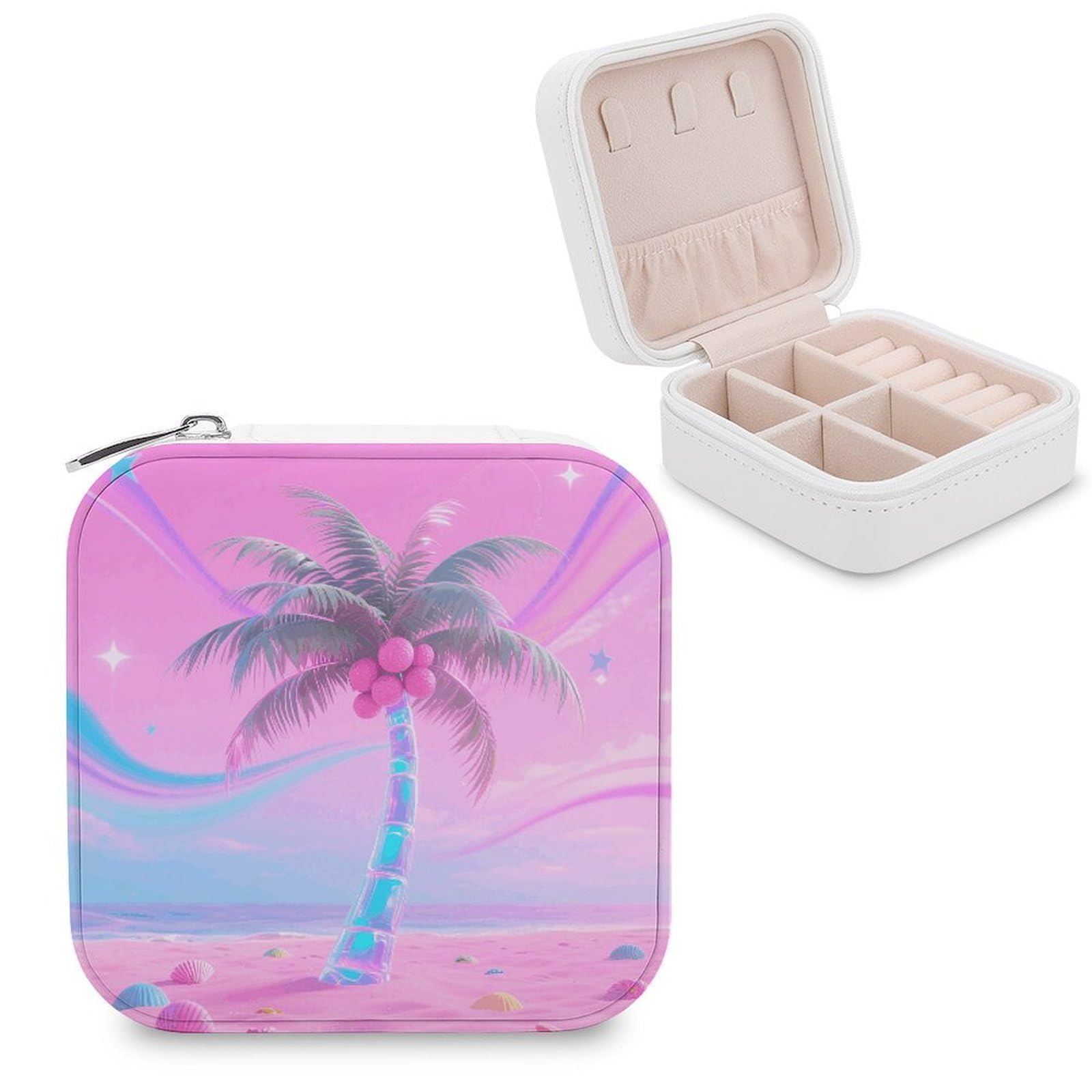 VstaDank Hologram Palm & Pink Sand Jewelry Box for Women Jewelry Organizer Storage Case with Zipper Mini Travel Jewelry Case Cute Trinket Organizer Leather Portable Jewelry Storage Box