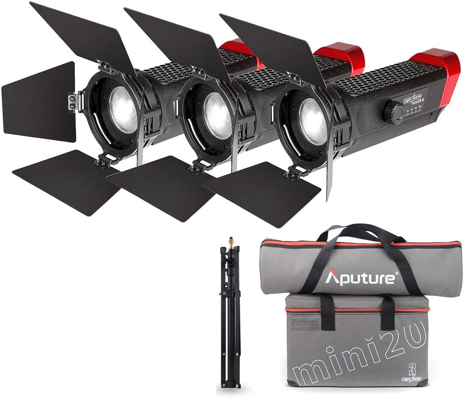 Aputure LS-mini20 3-Light Kit Includes Two Mini 20d and One Mini 20c LED Fresnel Light TLCI CRI 96+ 40000lux@0.5m Spot and Flood Your Light from 20 to 80 Degree, W 3 Light Stands + Carrying Case