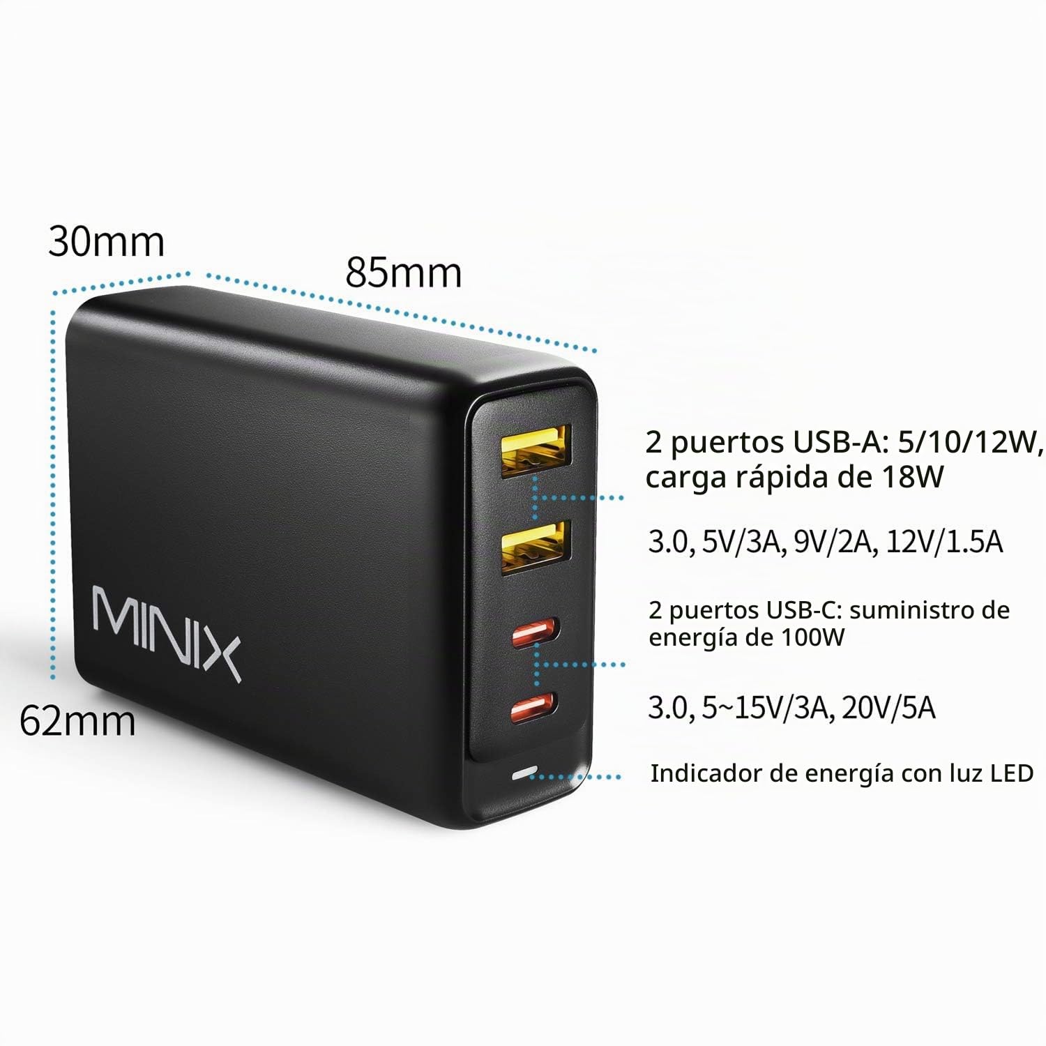 MINIX 100W USB Wall Charger, Turbo 4-Port GAN Charger Universal Fast Charging. 2 x USB-C PD 3.0, 2xUSB-A Quick Charge 3.0 for Smartphones, Tablets, laptops and More. Sold Directly by MINIX. (Neo P2)