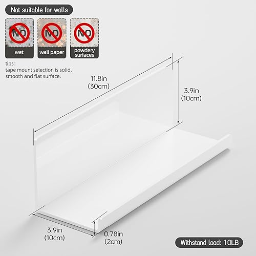 Miniatura 3 de PAVSTINE Juego de 2 estantes flotantes de acrílico para pared, estantes de pared blancos de 12 pulgadas, organizador de pared adhesivo para baño,