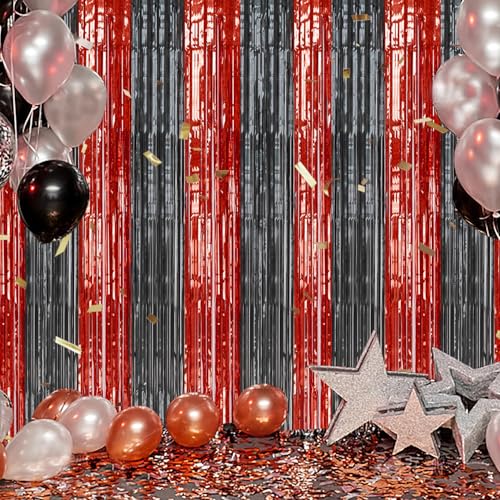 Image of DECOCKRAT 3 Pack Foil Fringe Backdrop - Red&Black Shiny Tinsel Curtains for Party Decoration /Photo Booth Props - 3.3x8.2 FT Metallic Foil Backdrop for Birthday, Wedding, Graduation, Christmas.