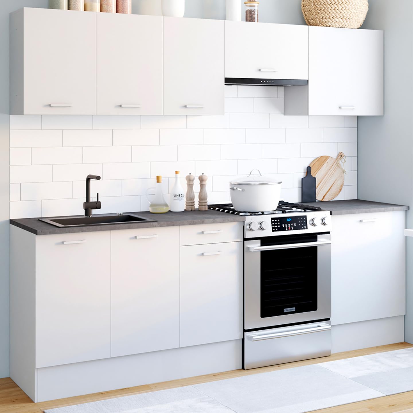 IDMarket - Cocina completa 240 cm sutil con encimera 7 elementos blanco y bandejas efecto hormigón