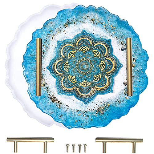 KAMIIN Silikonform Epoxidharz Tablett Untersetzer, DIY Silikonform Rund Unregelmäßige Tablett mit 2 Stück Golden Griffe, Große Resin Gießharz Harz Mold Kit DIY Teetablett Obsttablett Kunsthandwerk Cover
