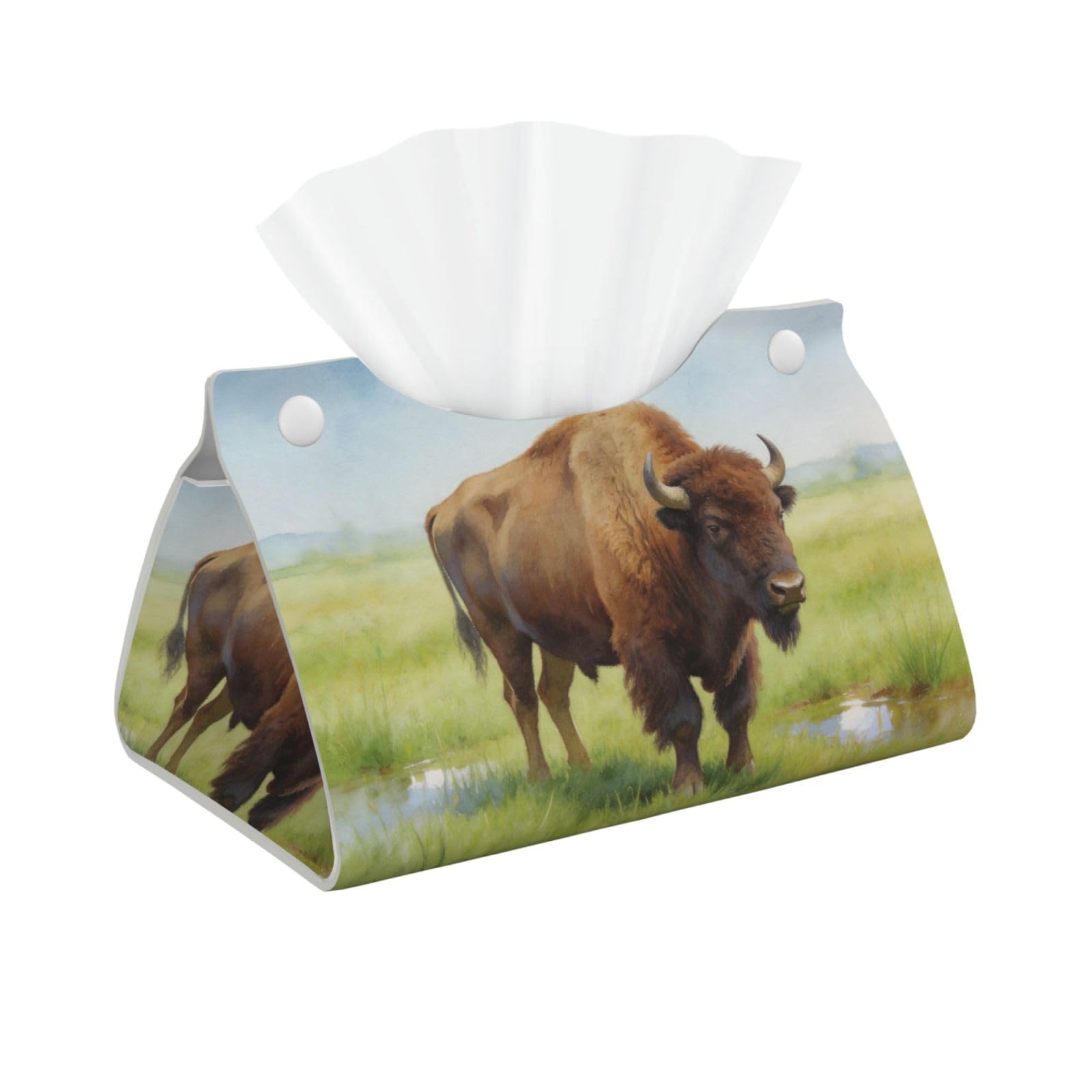 Watercolor Bison Prairie Long Leather Tissue Box Cover-Waterproof PU Leather Tissue Holder for Bathroom, Decorative Rectangular Tissue Case