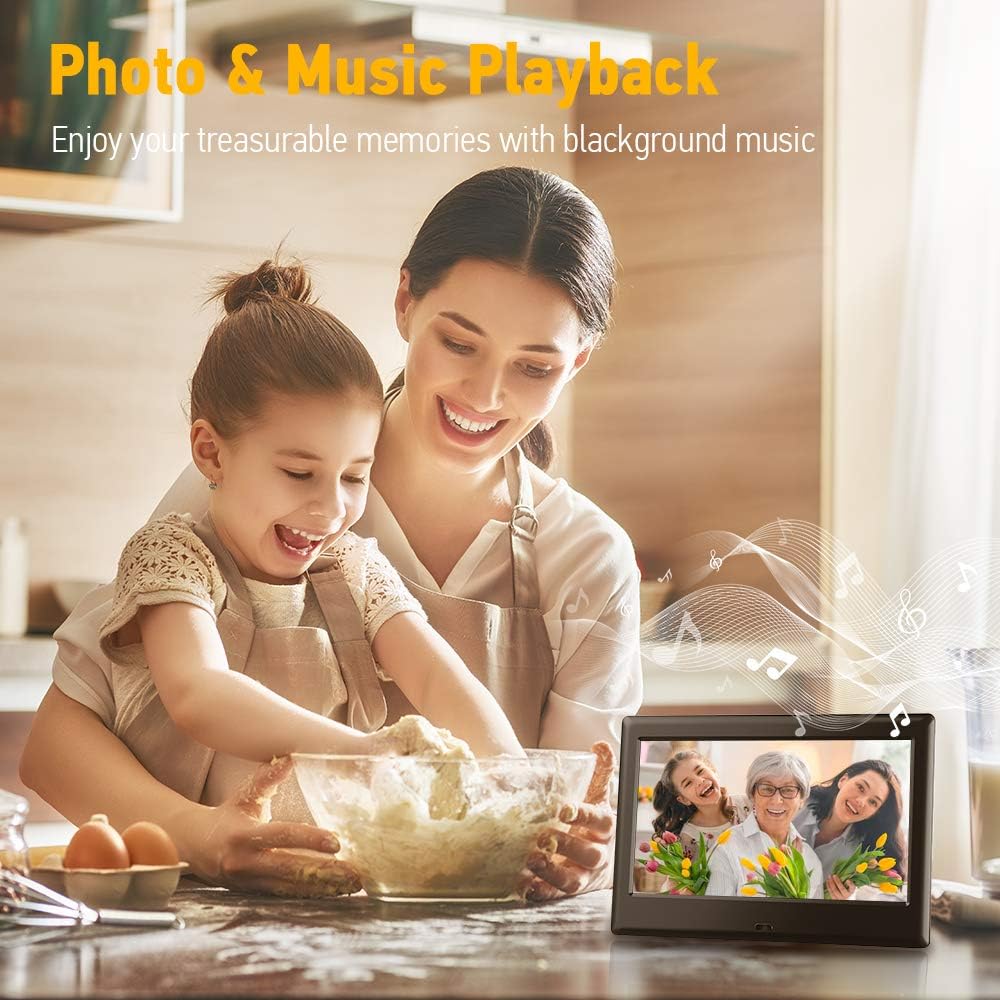 DBPOWER 7 Inch Digital Picture Frame - Upgraded Digital Photo Frame with (16:9) HD IPS Display, Photo/Music/Video Player/Calendar/Clock/Auto-On/Off Timer, Advertising Player with Remote