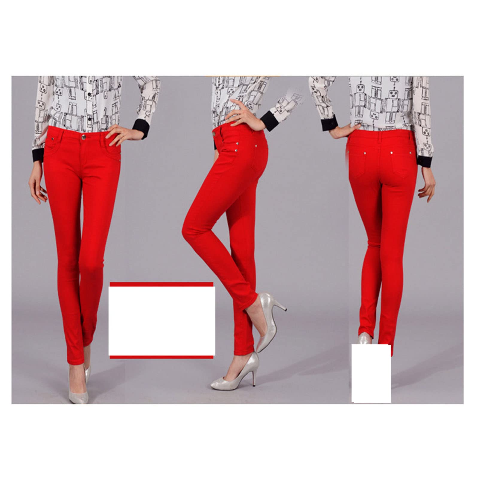 Women's High Waisted Stretch Skinny Jeans Casual Solid Color Slim Fit Pencil Jeans Slimming Butt Lift Denim Pants (Red,36)