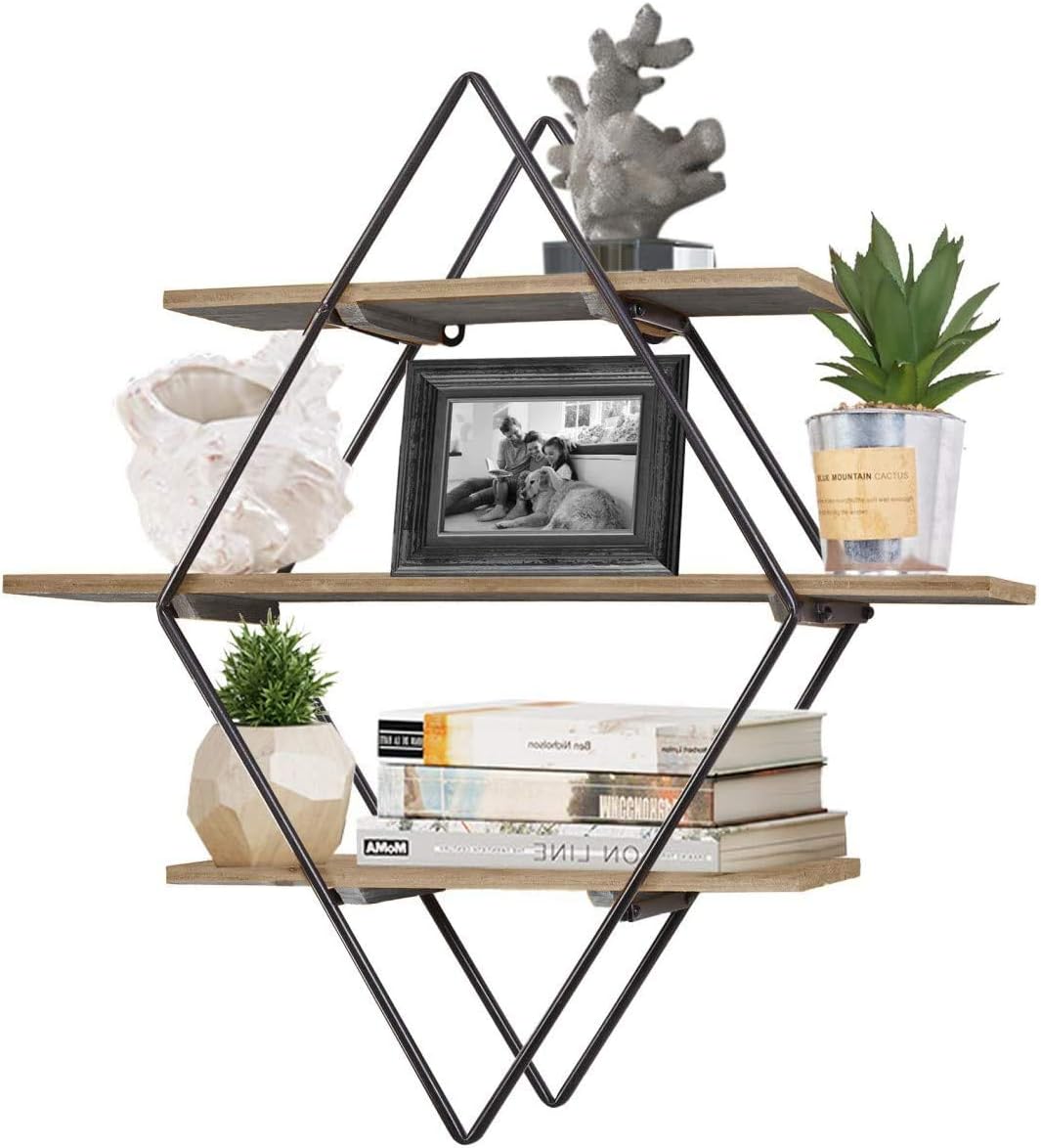 RiteSune Geometric Diamond Wall Shelves, 3 Tier Hanging Floating Display Shelf Decor for Bedroom Living Room Office, 24"X23.5"X6"