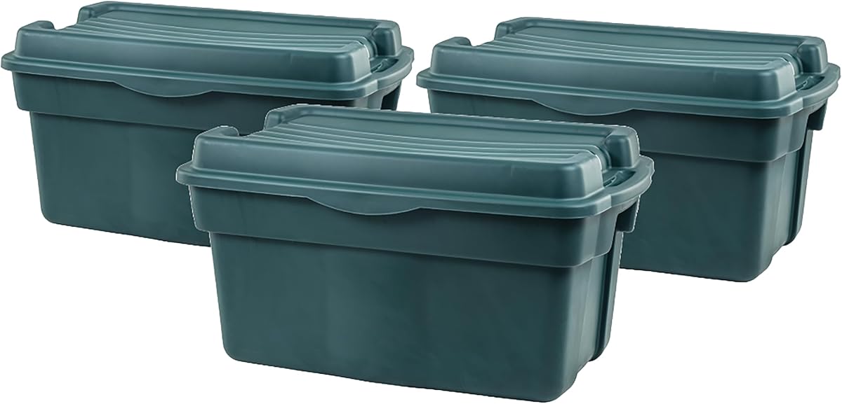 ECOSense Bolsas de almacenamiento de tapa alta, 28 galones, paquete de 3 contenedores de almacenamiento de plástico grandes, duraderos y reutilizables con tapa con bisagras, hechos de materiales reciclados