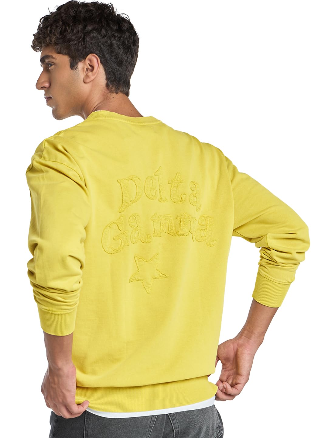 Bewakoof Men's Applique Oversized Fit Full Sleeve Round Neck Cotton Blended Sweatshirt in neutral