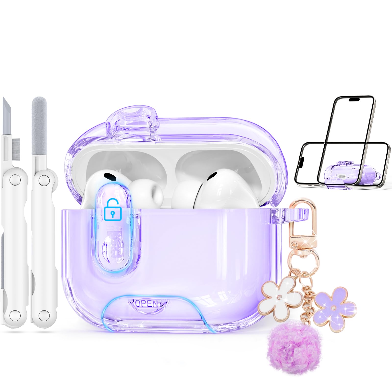 Photo 1 of Clear Case for AirPods Pro 3 Case Cover with Safety Lock,Soft TPU Cover with Phone Stand & Cleaning Kit,Cute Bling Keychain for Women Girls-Clear Purple