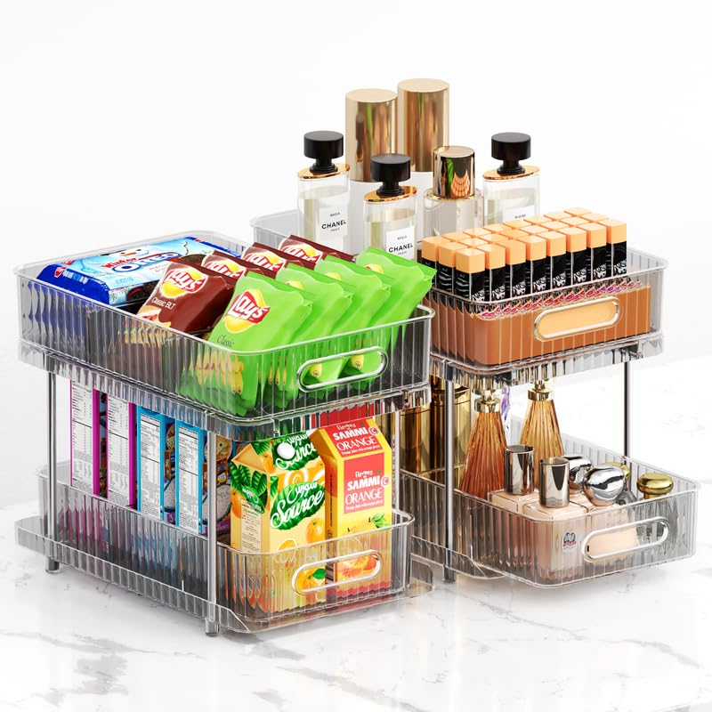 2 Tier Under Bathroom Sink Organizer and Storage with Dividers, Pull Out Medicine Cabinet Organizer, Slide Out Storage Container for Vanity Counter Storage, Kitchen Pantry Shelf Cupboard Closet, 2 Set