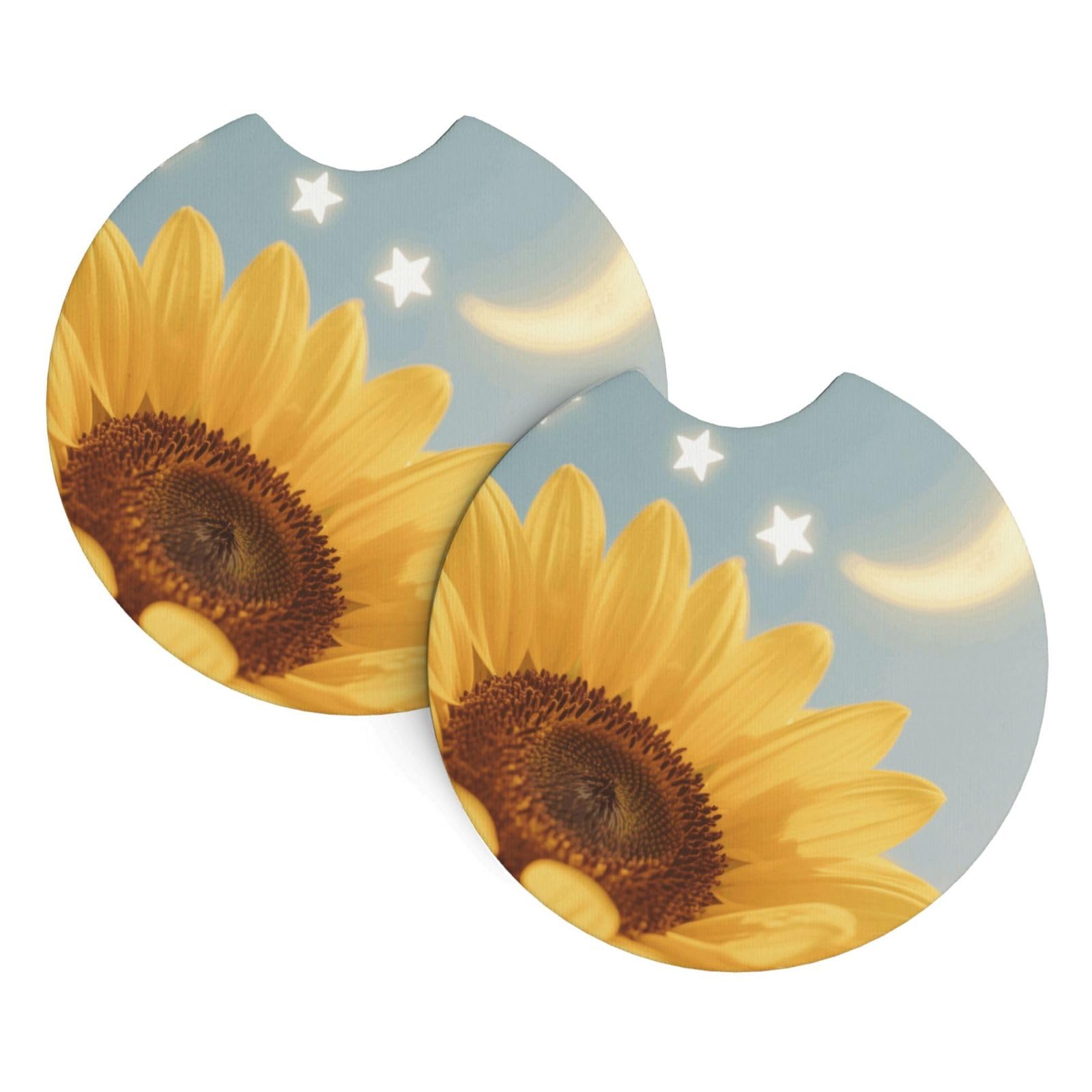 2 Pack Car Coaster for Cup Holders Sunflower Star Moon Car Cup Coaster 2.7" Neoprene Non-Slip Automotive Cup Mat Universal Auto Car Interior Accessories for Women Men Cup Pad
