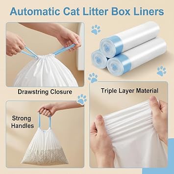 45PCS Cat Litter Bags for Automatic Litter Tray, 45x50cm Self Cleaning Litter Box Liners with Drawstring, Tear Resistant and Leak Proof Cat Tray Liners, 3 Rolls