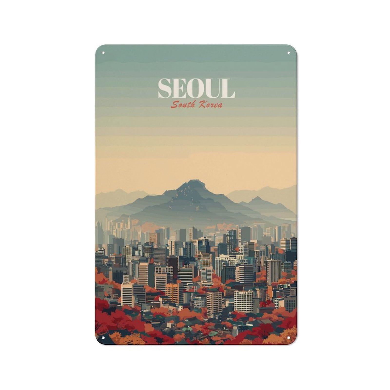 Junmoney Style-24 Vintage Tin Sign 30X20cm With Seoul South Korea Cityscape For Kitchen Or Home Bar, Suited To Home Bar Enthusiasts