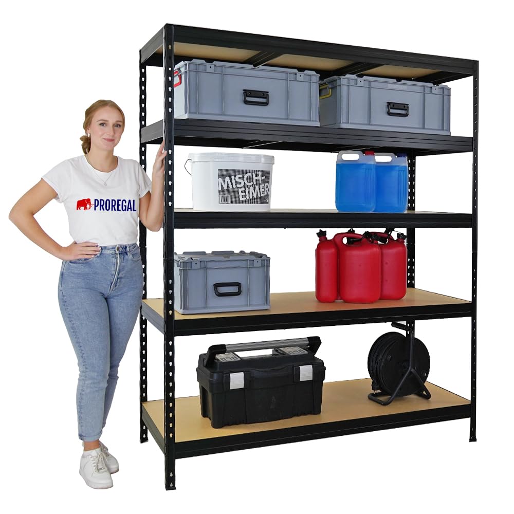PROREGAL Schwerlastregal Rivet HxBxT 180x150x60cm Fachlast 250kg, Innovatives Stecksystem, Schwarz, Garagenregal, Lagerregal, Steckregal, Stahl, Kellerregal