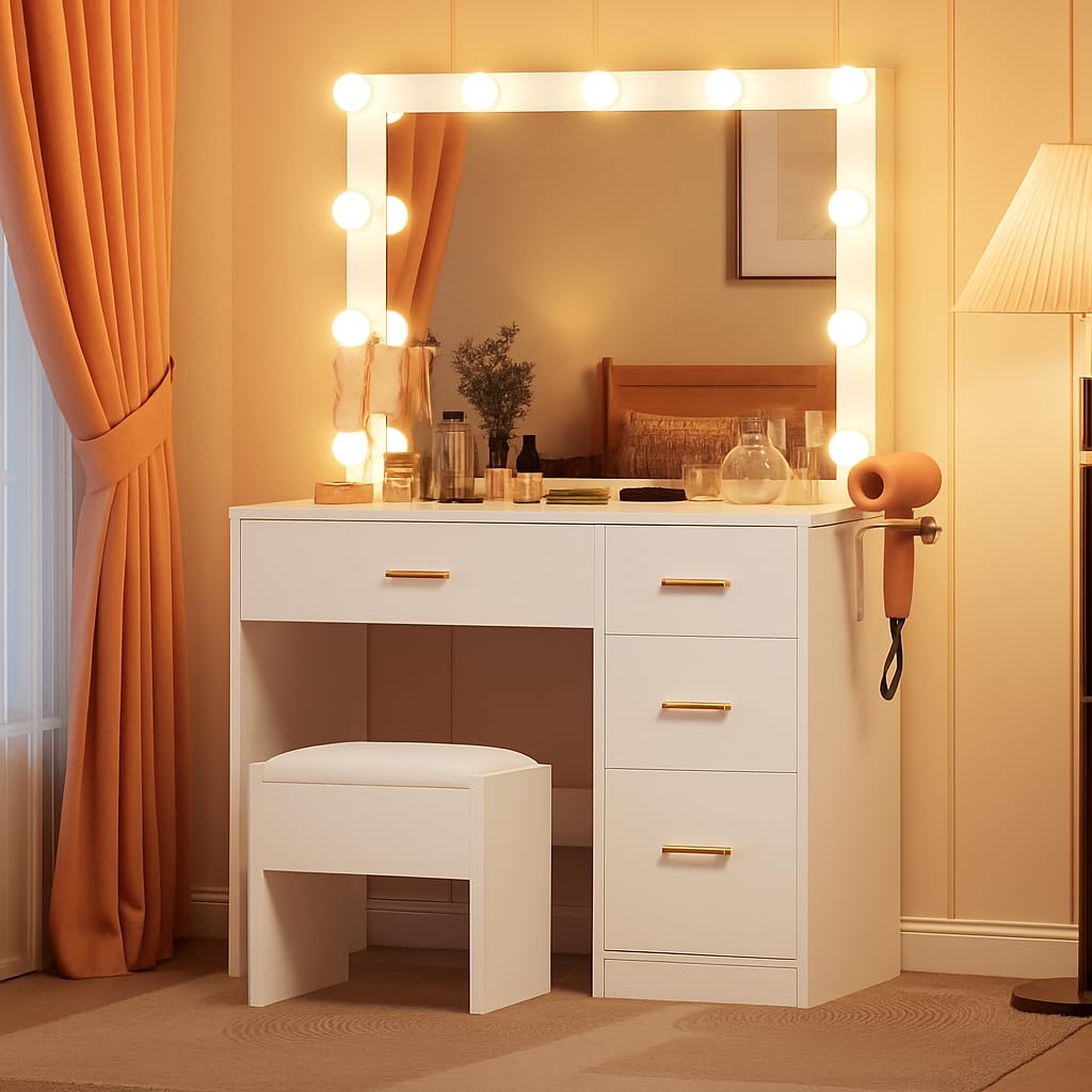 YITAHOME Schminktisch mit Spiegel, Kosmetiktisch mit 4 Schubladen, Frisiertisch mit Hocker, Beleuchtung, Steckdose, Weiß (Make Up Tisch, Frisiertisch, Kosmetiktisch, Vanity Table)