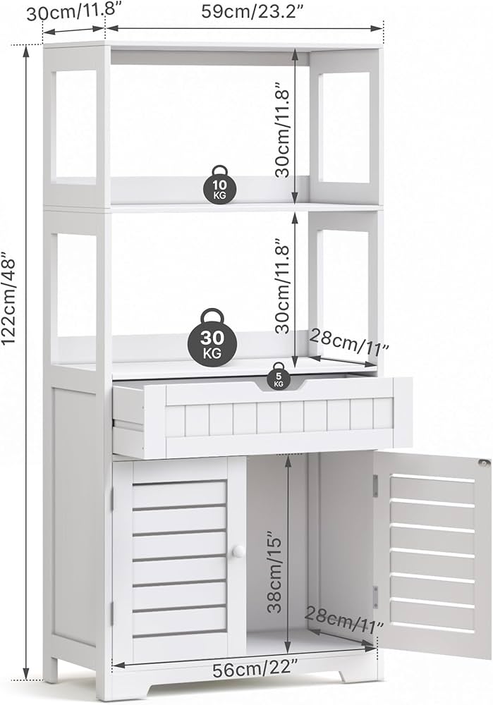Mondeer Mobile Da Bagno Con Ante A Persiana E Cassetto - 2 Ripiani Aperti, Legno MDF, 60x30x119 Cm - Bianco - 6