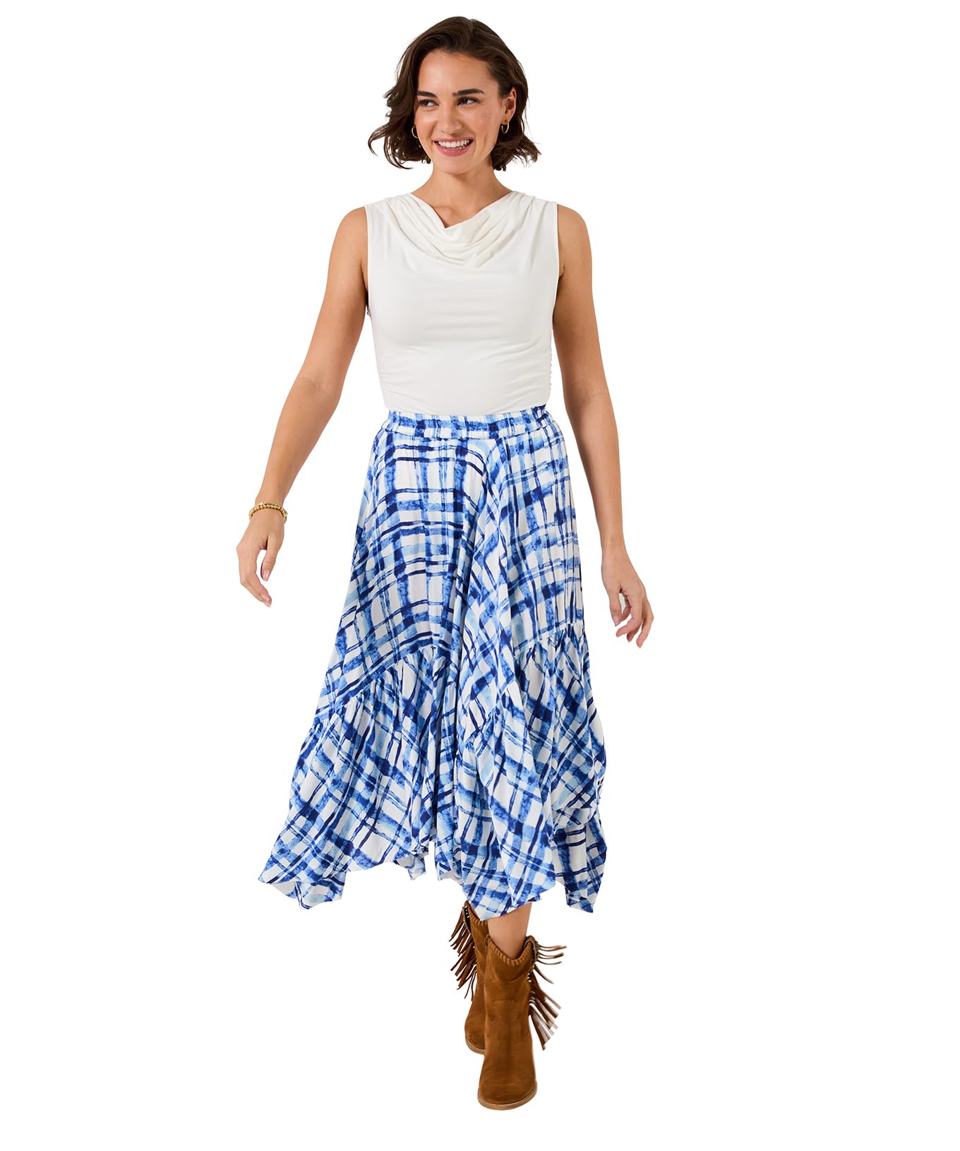 Joe Browns Women's Check Print Hanky Hem Maxi Skirt, Regular, Blue, UK 14