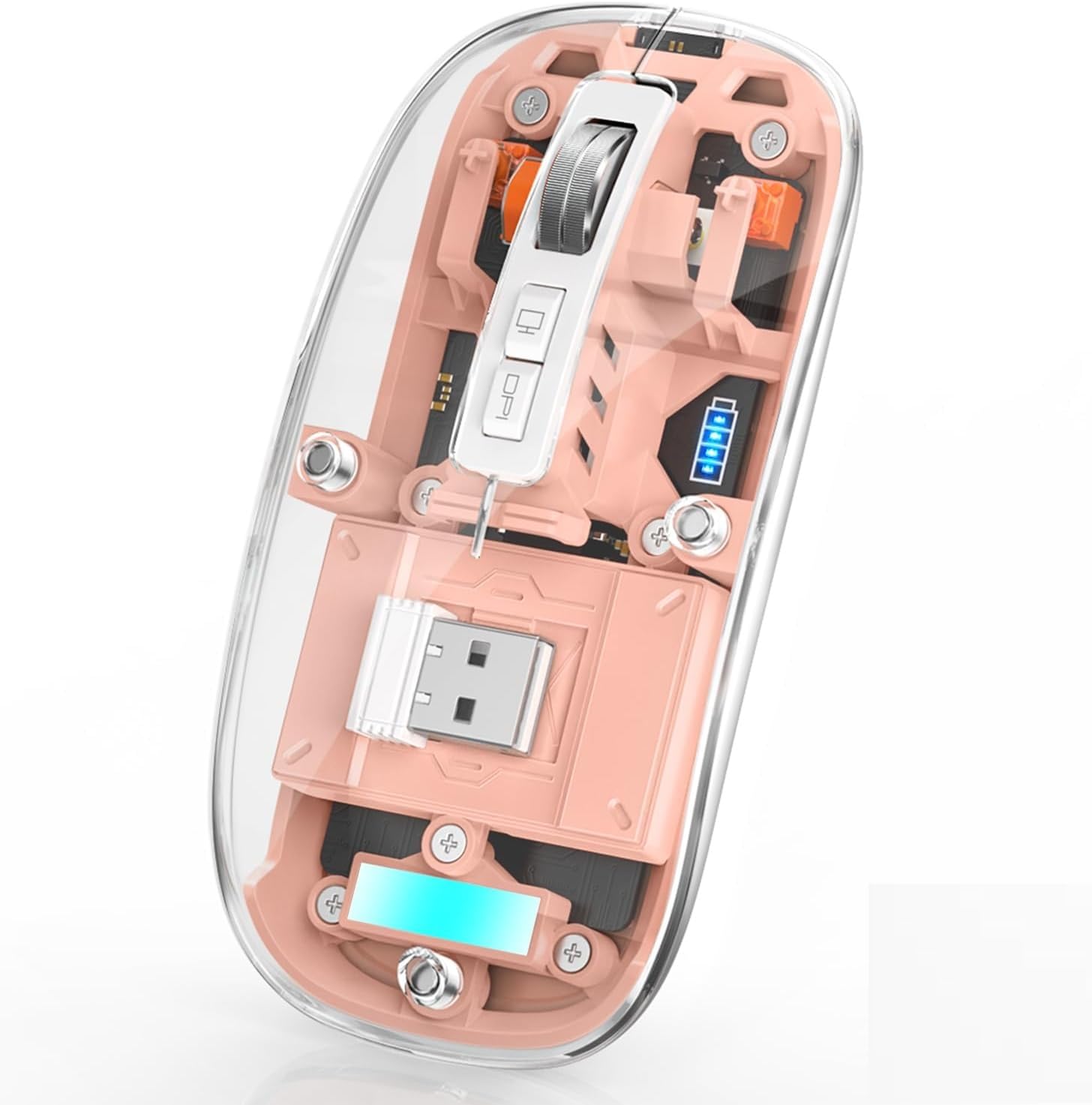 ELECTRO WOLF Bluetooth Wireless Mouse Tri-Mode (Dual BT5.1+2.4GHz) USB C Rechargeable Computer Mouse Full Transparent Silent Mouse with USB Receiver & Type C Cable for Laptop Desktop (Pink)