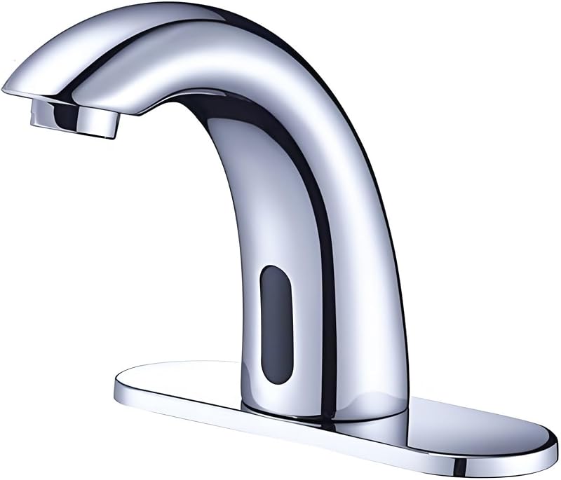 Grifo cromado para lavabo de baño sin contacto, grifo con sensor automático, fuente de alimentación dual de 110 V CA o funciona con pilas para uso comercial