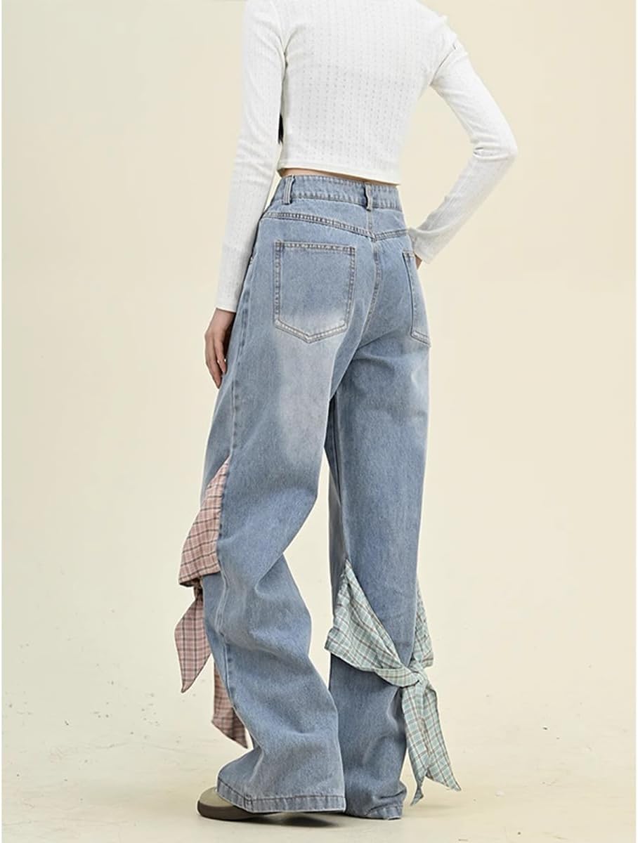 Fashion Straight High Waisted Wide Leg Jeans Casual Y2K Gradual Plaid Bow Tie Patchwork Denim Pants