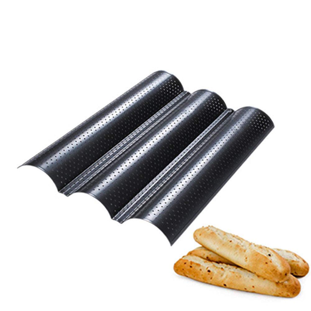Baguette Baking Tray, Nonstick Wave Mould Fast and Evenly Heating, Perforated Baguette Kitchen Gourmet Making Pan, Baking Sheet, for French Bread, Stick Bread, Toast Maki(Black 3 Baguettes-2Pcs)