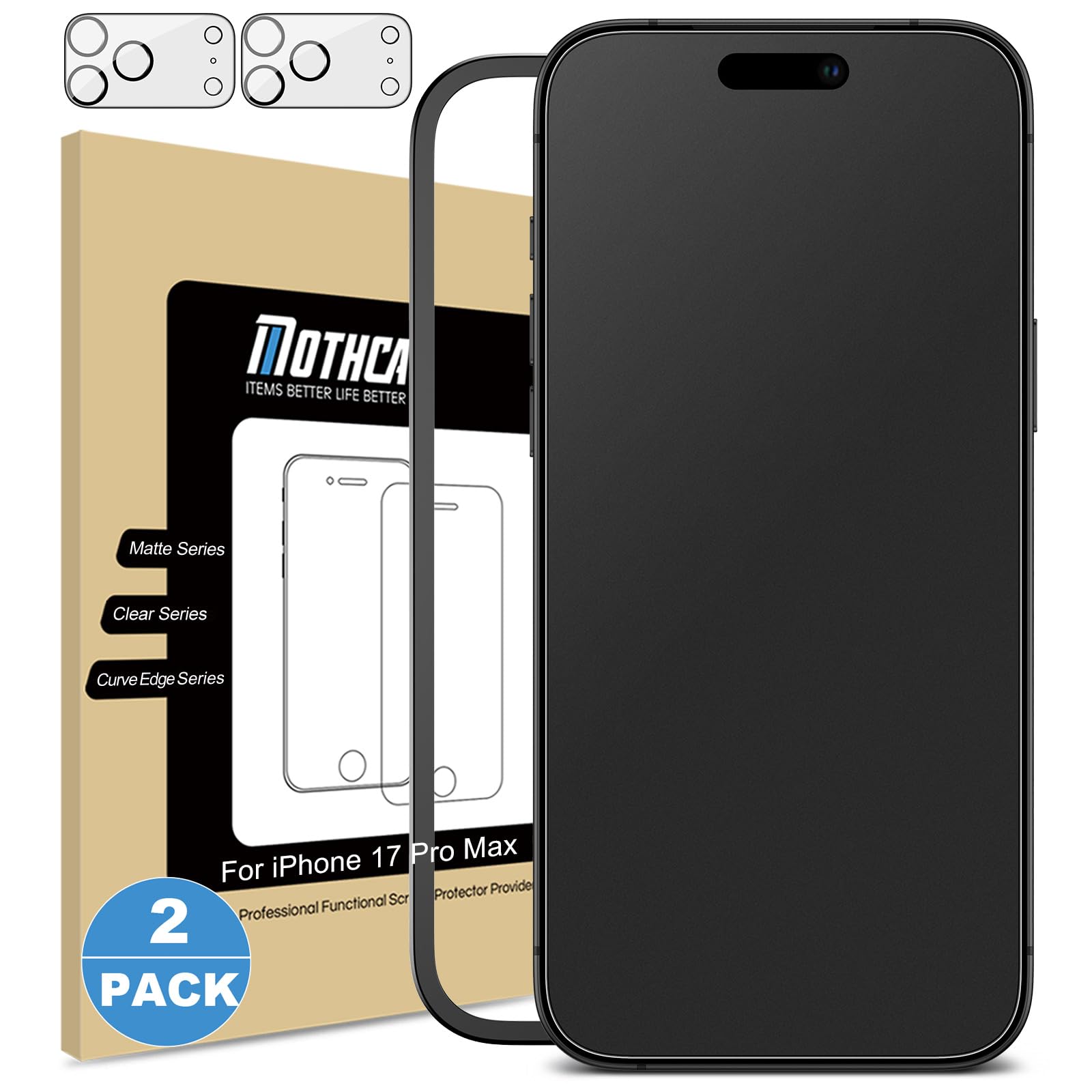 Photo 1 of Mothca 2 Pack Matte Glass Screen Protector for iPhone 17 Pro Max[6.9 inch] + 2 Pack Camera Lens Protector, Anti-Glare & Anti-Fingerprint (Not Privacy) Tempered Glass, Bubble Free, Smooth as Silk