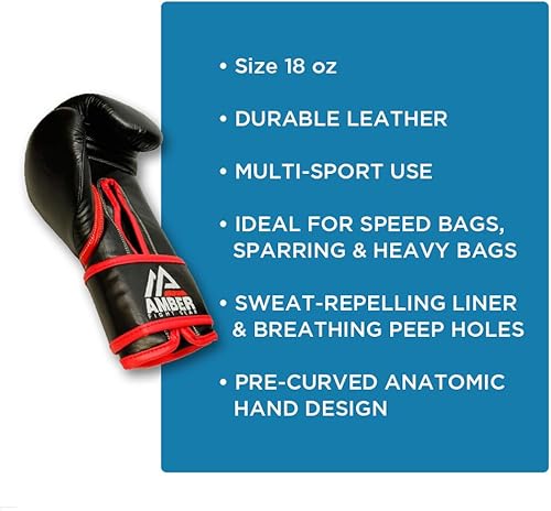 Miniatura 8 de Amber Fight Gear Guantes de boxeo profesionales de cuero con gancho y bucle, guantes de boxeo para entrenamiento de kickboxing, guantes negros de 16