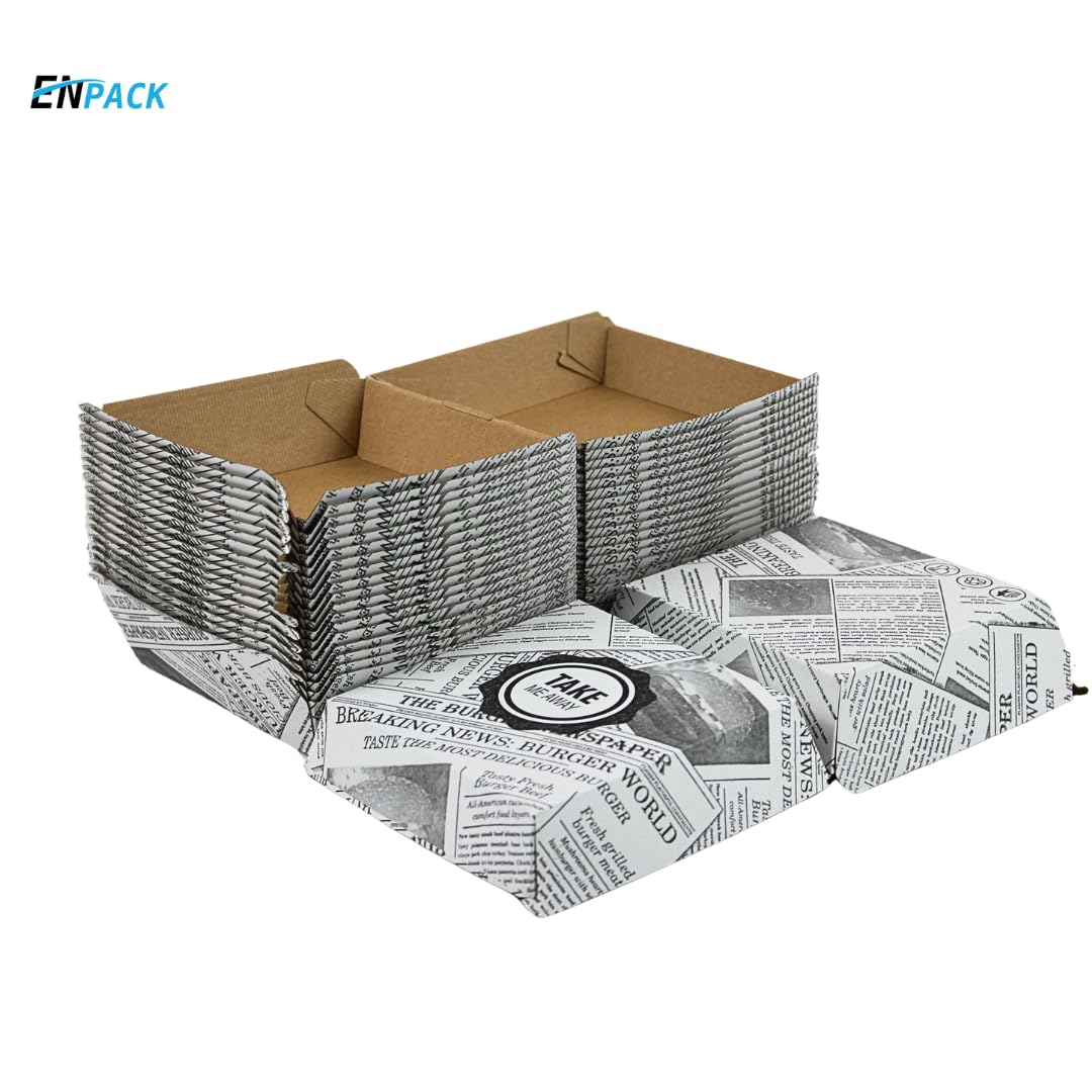 Enpack Burger-Box in Weiß aus Kraftpapier - 13,5 x 13,5 x 7,5cm Snackbox mit Klappdeckel - Beschichteter Einmalbehälter mit Druck für Burger, Snacks und Chips