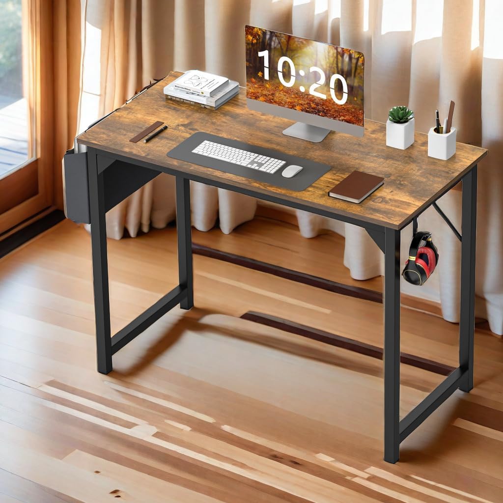 GlasFlength 40 Inch Rustic Computer Desk assembled in a room with a computer and accessories.