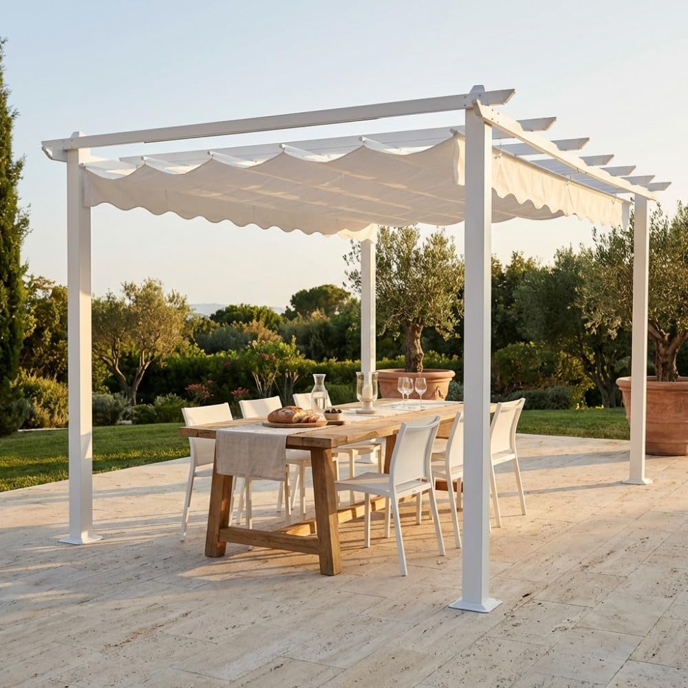 Pergola 4x4 mt, in Alluminio/Poliestere Bianco con Telo Bianco
