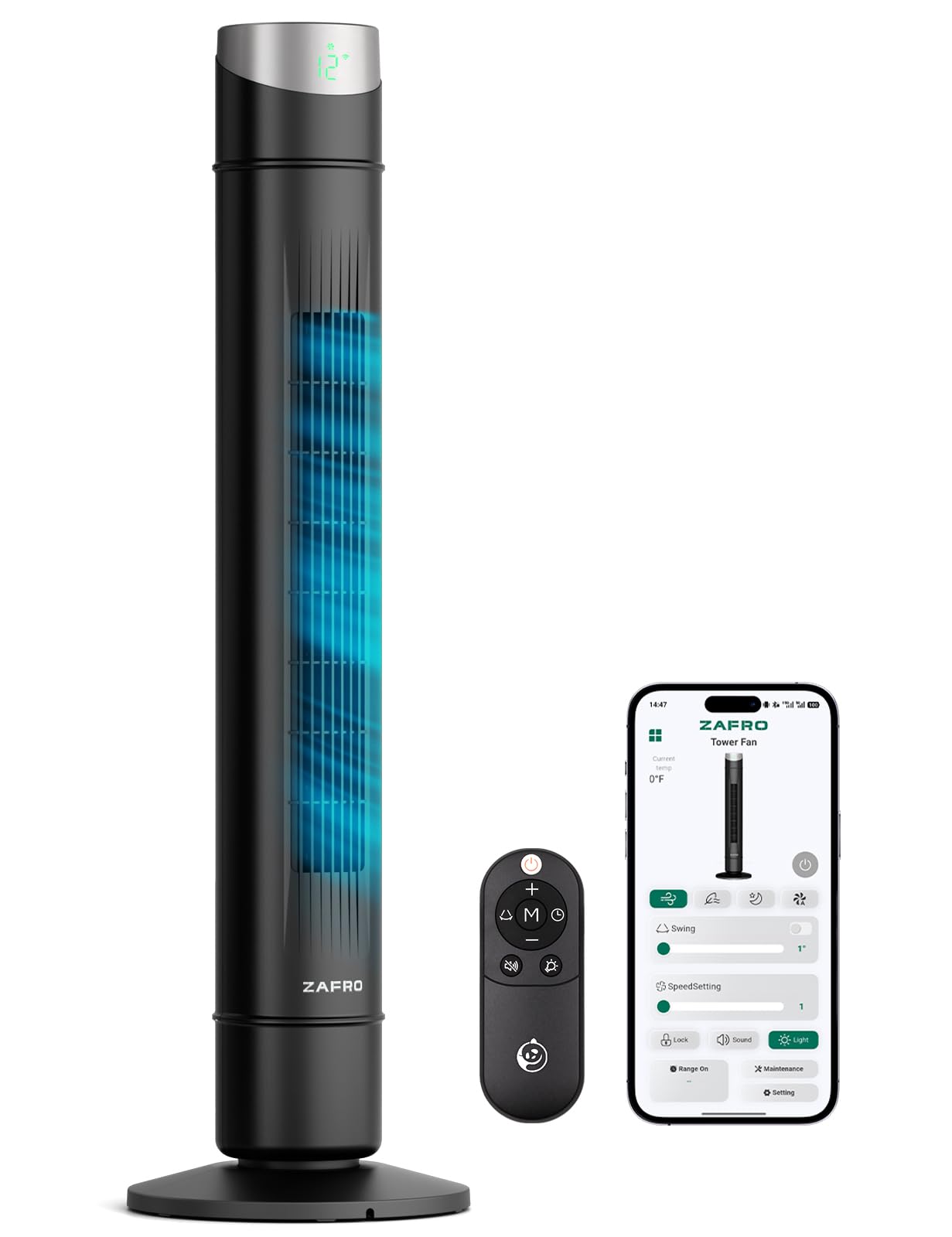 ZAFRO Smart Tower Fan for Bedroom,Upgraded DC Motor Fans that Blow Cold Air | 120° Oscillating Fan, 43ft Far Airflow,28ft/s High-Speed,12 Speeds,4 Modes,22dB Quiet,App/Voice,12H Timer,Dark Black, Dark Black, 42inch