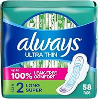 Always Ultra Thin Pads with Wings Size 2 Long Super - Absorb 3X Faster, Leak-Free Protection, 58 Count