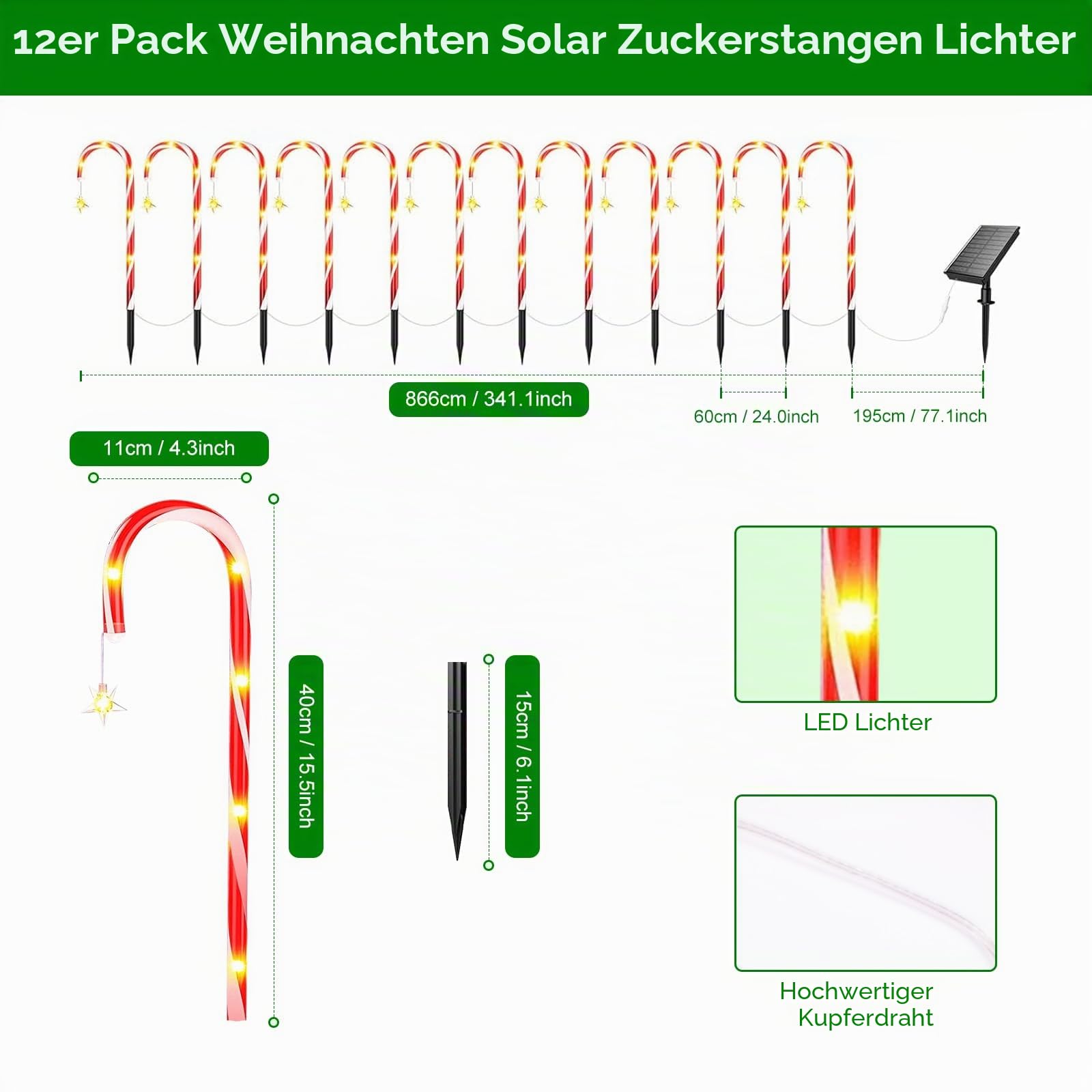 Solar Weihnachten Zuckerstangen Lichterketten, 12 Stück 72 LED Candy Cane Lichter Weihnachtsdeko, 8 Modi Solar Weihnachts Lichter Aussen, Wasserdicht Solarleuchten Garten Deko für Weihnachtsweg Rasen