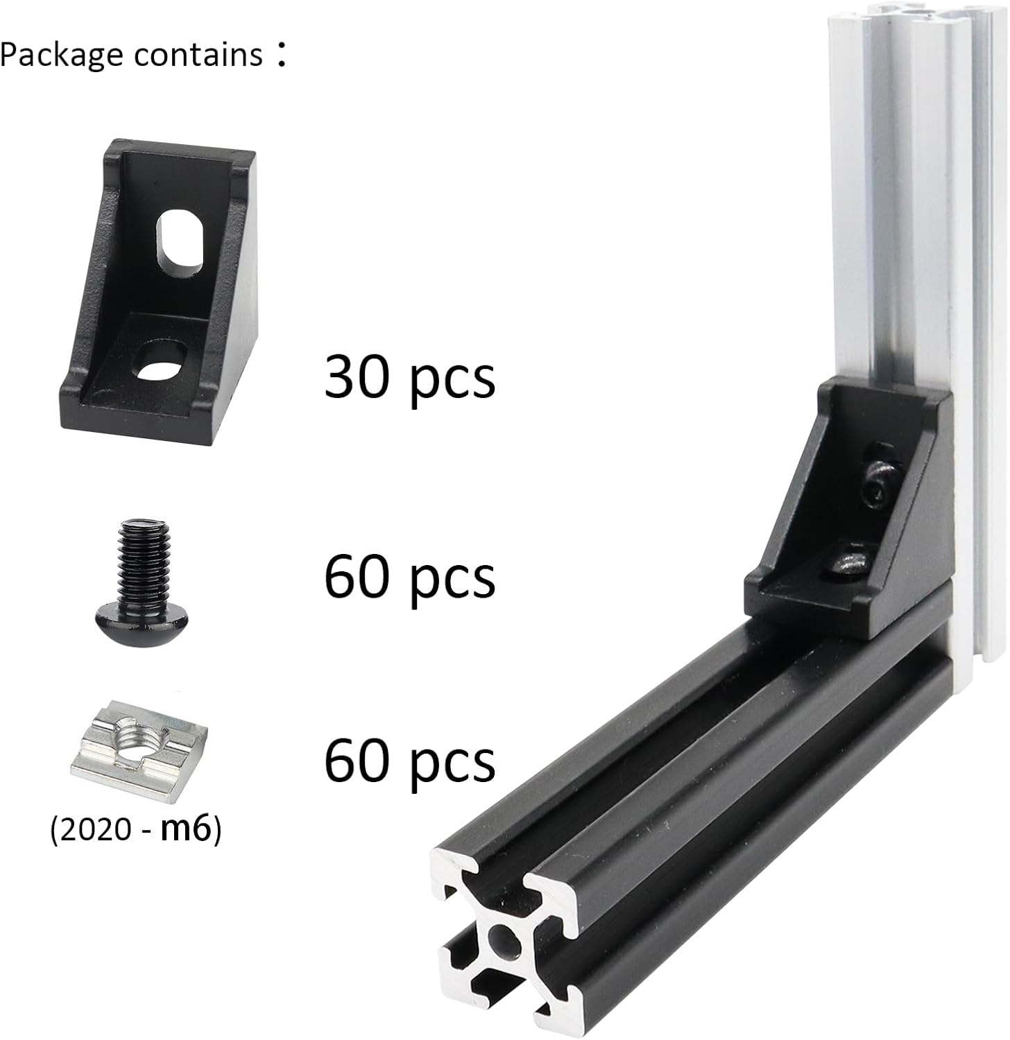 30 Set 2028 2020 Aluminum Extrusion Corner Bracket 20 Series V T Slot Hardware L Right Angle Connector with M6 T Slide Nuts Bolt Screw for 20/20 2040 2060 Black Extruded Aluminum Profile