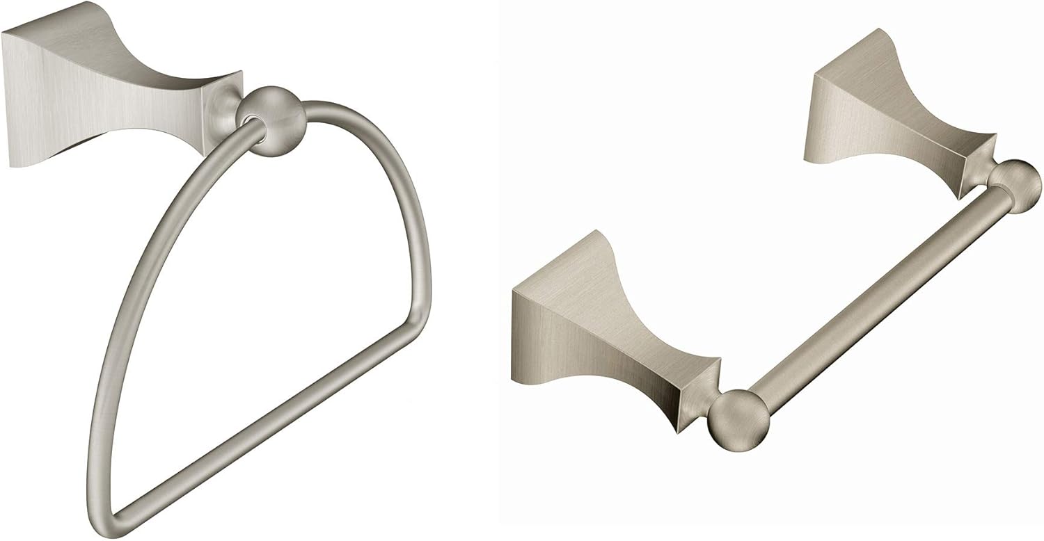 Moen DN8308BN Retreat Collection Double Post Pivoting Toilet Paper Holder, Brushed Nickel AND Moen DN8386BN Retreat Collection Bathroom Hand Towel Ring with Hardware, Brushed Nickel