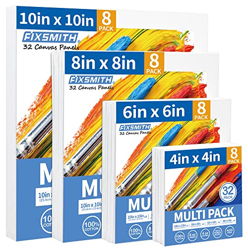 Image of FIXSMITH Canvas Boards for Painting, Multi Pack- 4x4,6x6,8x8,10x10 (8 of Each),32 Pack,100% Cotton Primed Canvas Panels for Acrylic, Oil, Art Supplies for Kids, Adults, Beginners