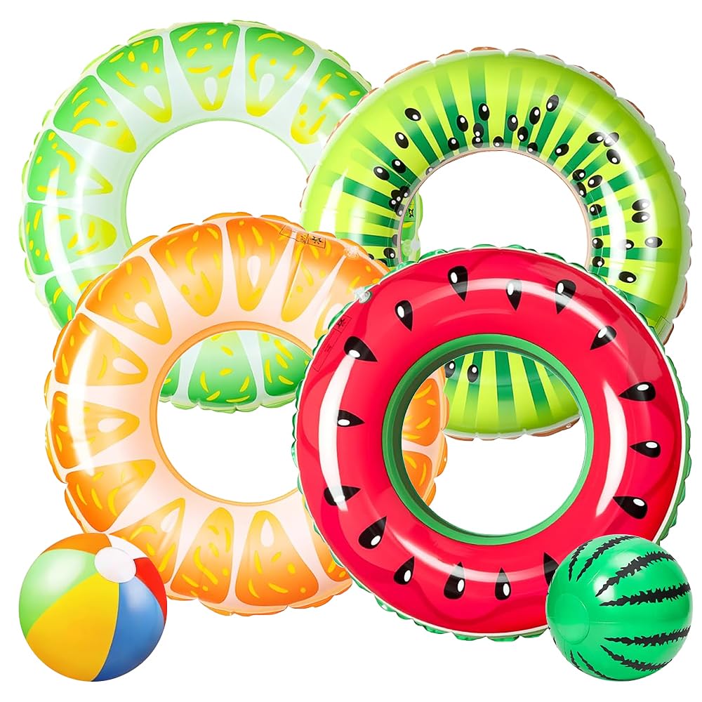 Neumáticos Hinchables de 75CM con Diseño de Frutas para Piscina, 4 Piezas con 2 Pelotas de Agua, Neumáticos de PVC para Niños y Adultos, Ideal para Playa, Piscina, Verano y Fiestas, Diseños de