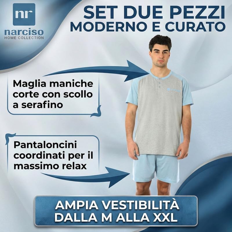 NARCISO Pigiama Uomo Corto Estivo in Cotone Leggero, Pigiami Uomo Due Pezzi dalla M alla XXL, Maglietta Maniche Corte e Pantaloncini Corti