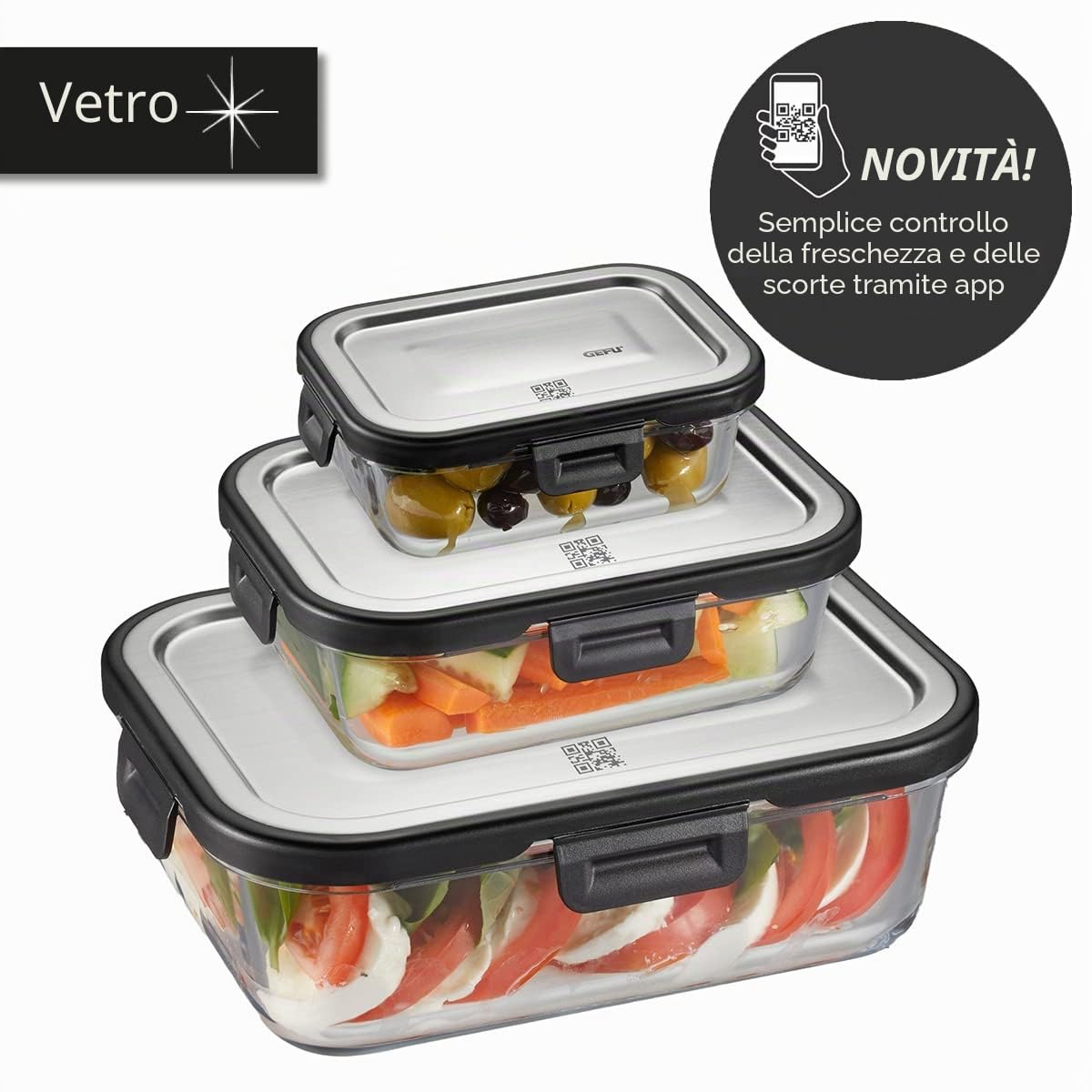 GEFU Set di contenitori salvafreschezza MILO 3 pezzi – intelligente contenitore per il pranzo con freschezza e controllo delle scorte tramite app in vetro con compattazione in silicone e chiusura a