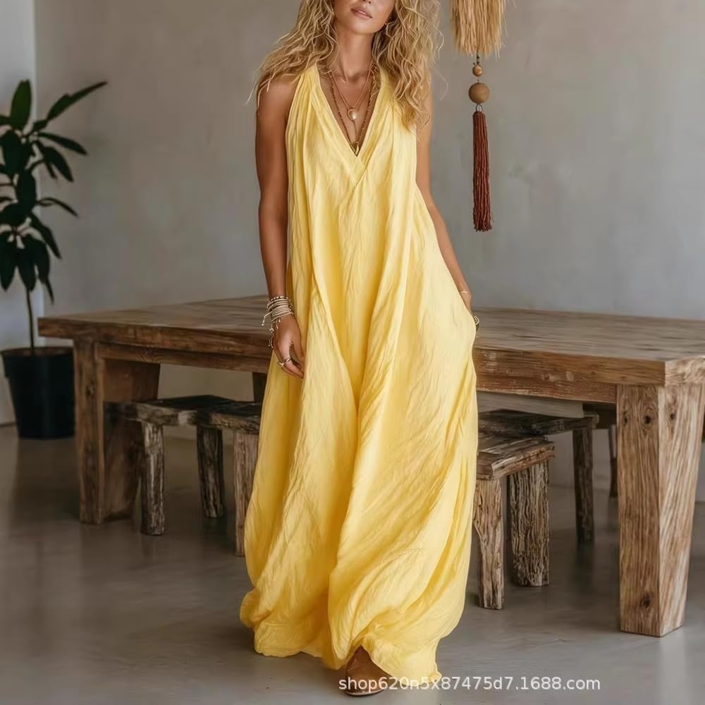 Abito lungo estivo da donna senza maniche con scollo a V