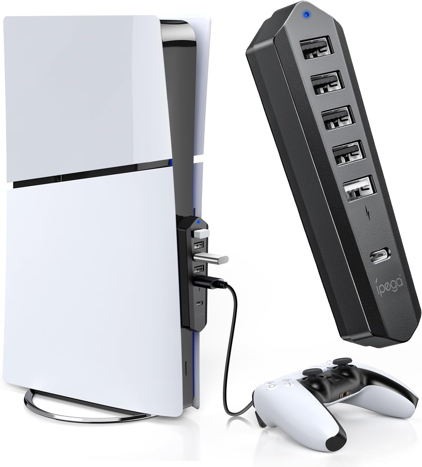 ElectronGeek ipega 6 Port PS5 Slim USB Hub Extender for PlayStation 5 Slim Digital/Disc Editions USB 2.0 HUB Connection Expander - Black