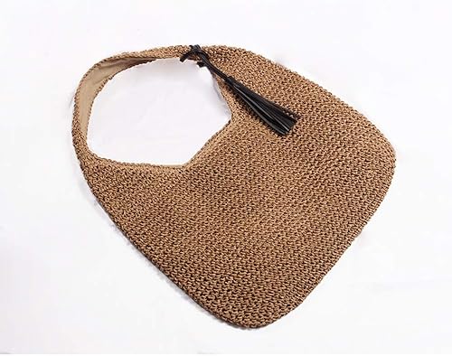 Miniatura 2 de QTKJ Bolso de hombro de paja grande y suave tejida a mano con borlas negras estilo bohemio con asa de paja estilo retro para playa de verano