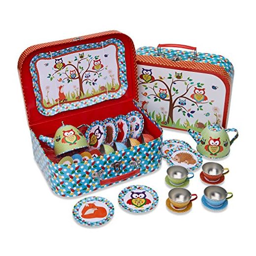 Lucy Locket Woodland Animals Metal Tea Set & Carry Case Toy (14 Piece Tea Set for Children) Red, Blue, Green Tea Set Toy