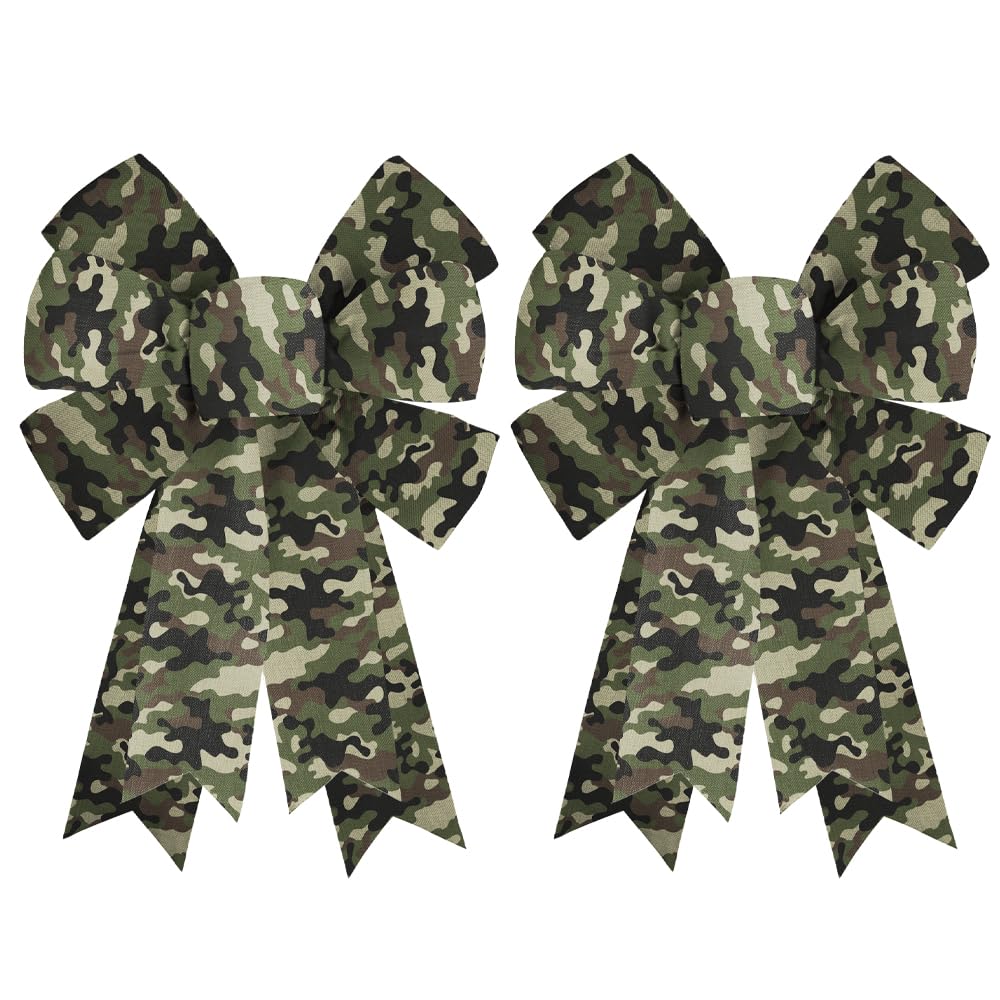 HIENAJ 2 Pack Army Wreath Bows Linen Camouflage Bows Burlap Military Camo Ribbon Bows for Wreath Military Theme Decor Bow for Retirement Party Indoor Outdoor Tree Topper Wreath Decoration Supplies